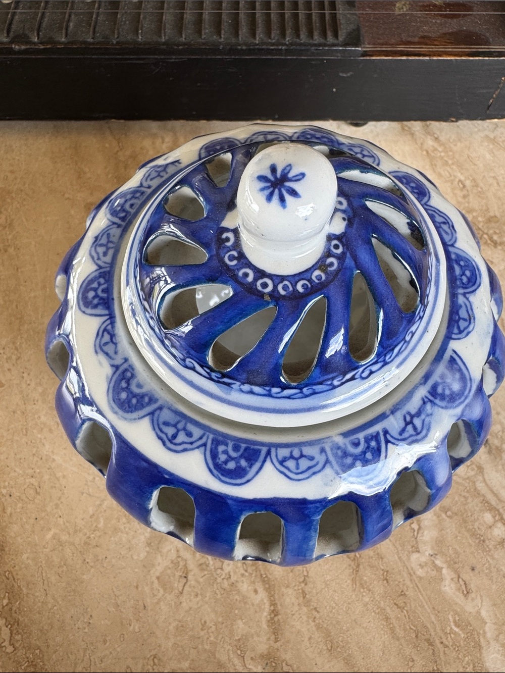 Blue and White Ceramic Decorative Lidded Bowl - Home Art